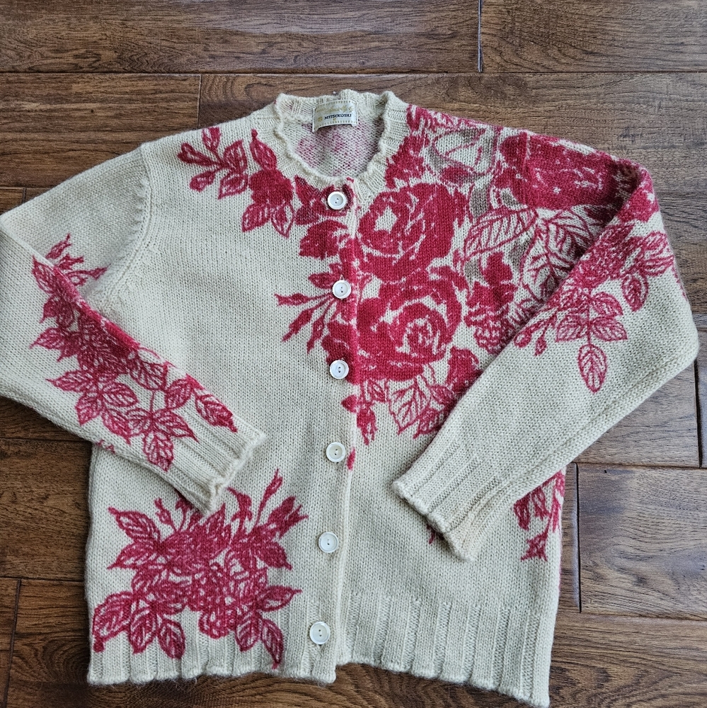 Floral Knit Cardigan - Red and Cream